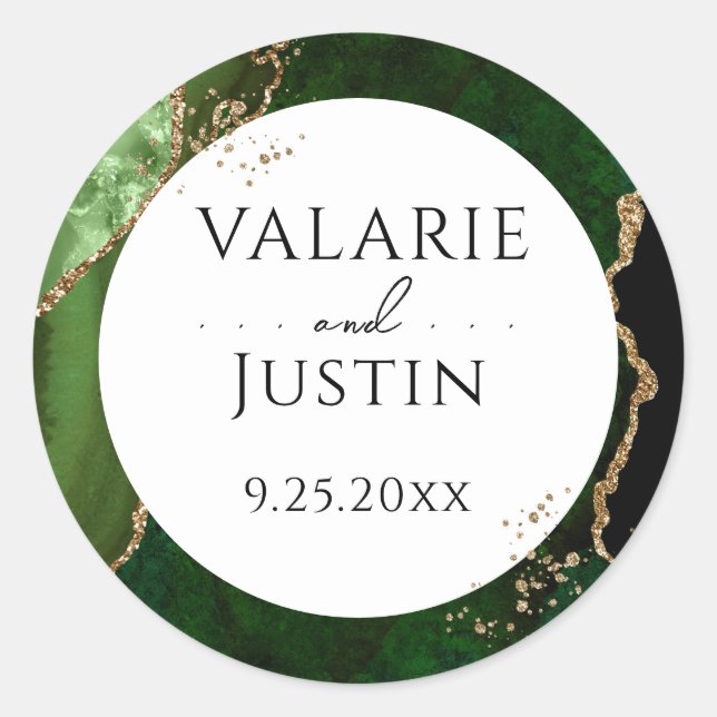 Rond Sticker Mariage Elegant Green Agate Gold Parties s (Devant)