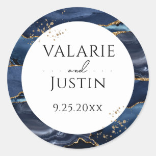 Rond Sticker Mariage en marbre bleu et or Parties scint