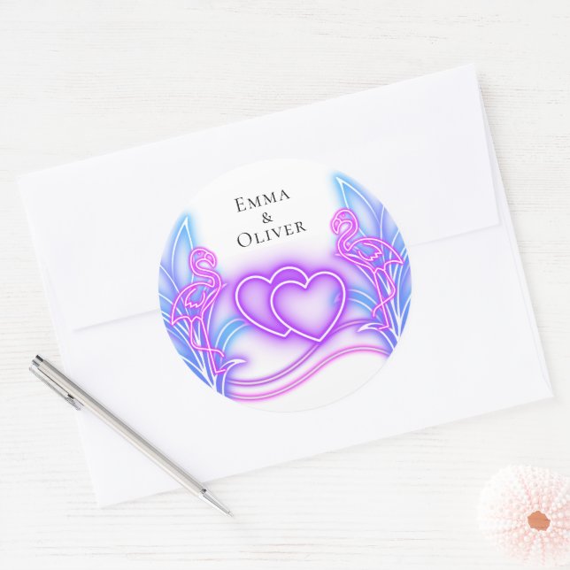Rond Sticker Mariage Flamant rose & Coeurs (Enveloppe)