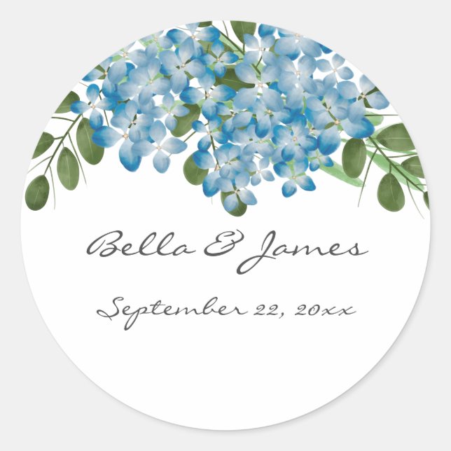 Rond Sticker Mariage Floral Blue Hydrangeas (Devant)