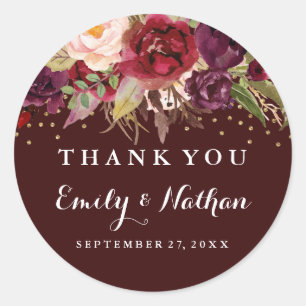 Rond Sticker Mariage Floral Confetti en or de Bourgogne