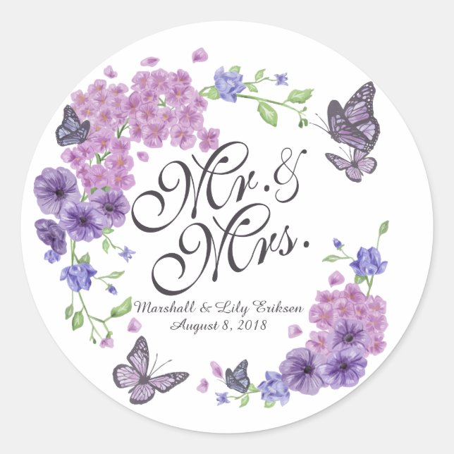 Rond Sticker Mariage Floral Papillons personnalisés (Devant)