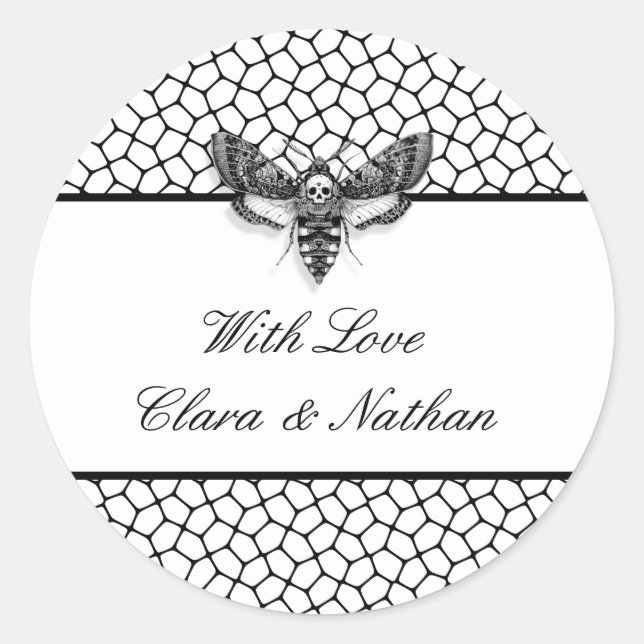 Rond Sticker Mariage gothique - Moth & Lace noir & blan (Devant)