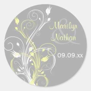 Rond Sticker Mariage gris jaune blanc floral 1,5 po