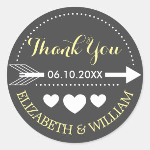 Rond Sticker Mariage gris jaune Merci Arrow Hearts