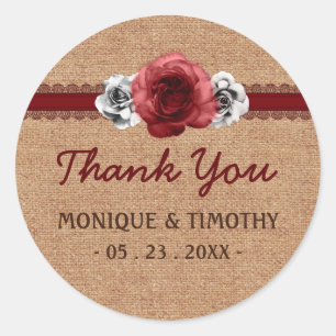 Rond Sticker Mariage Merci en dentelle rouge Rose rusti