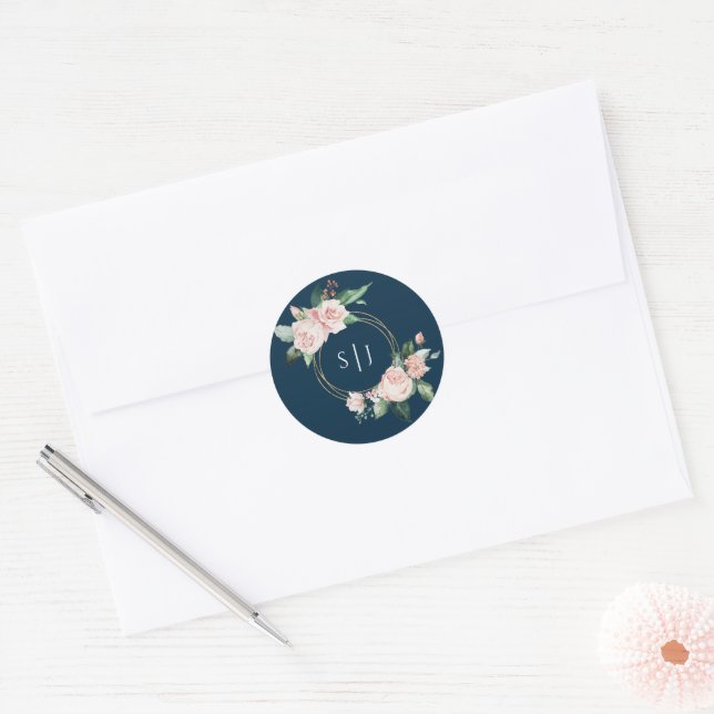 Rond Sticker Mariage Monogramme Blush Floral Navy (Enveloppe)