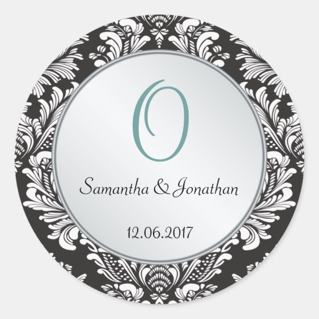 Rond Sticker Mariage noir noir Damask Monogram (Devant)