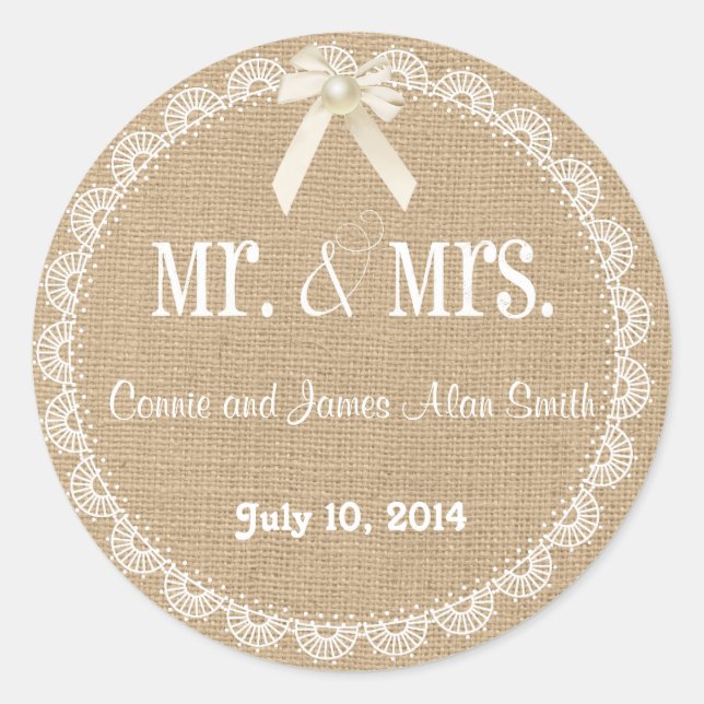 Rond Sticker Mariage pour Burlap et dentelle rustique (Devant)