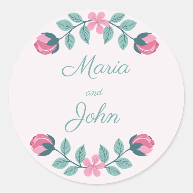 Rond sticker mariage rose feuille et fleurs (Devant)