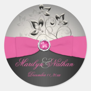 Rond Sticker Mariage rose, noir et argent