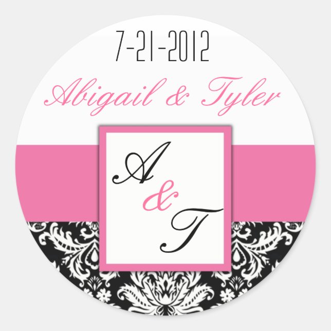 Rond Sticker Mariage rose noir Monogramme Damask (Devant)