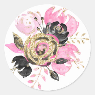 Rond Sticker Mariage rose, noir, or Floral