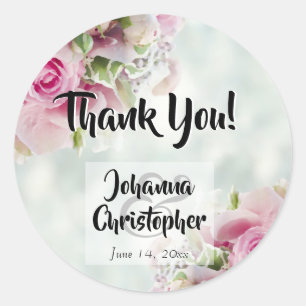 Rond Sticker Mariage Roses rose Merci