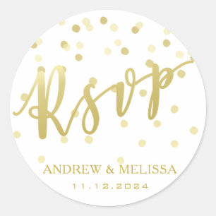Rond Sticker Mariage RSVP Gold Brush Script & Confetti