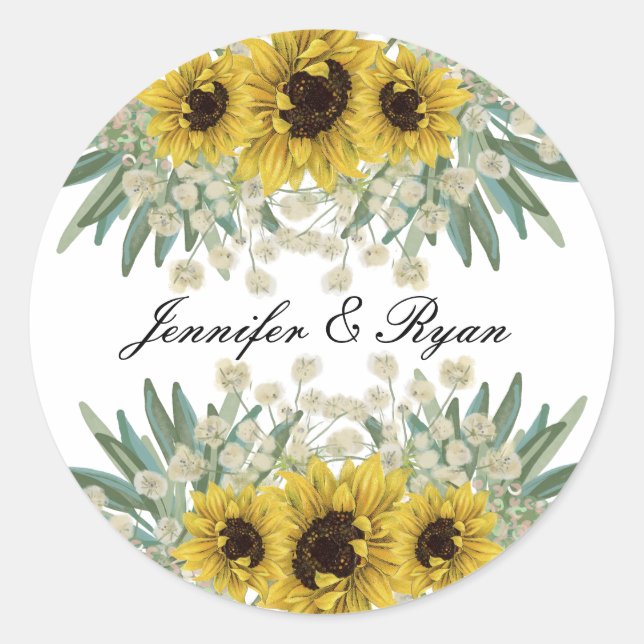 Rond Sticker Mariage tournesol et vert (Devant)