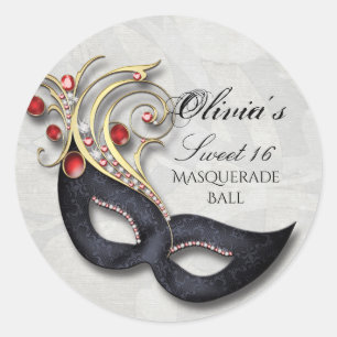 Rond Sticker Masquerade Sweet 16 avec Rouge et Or