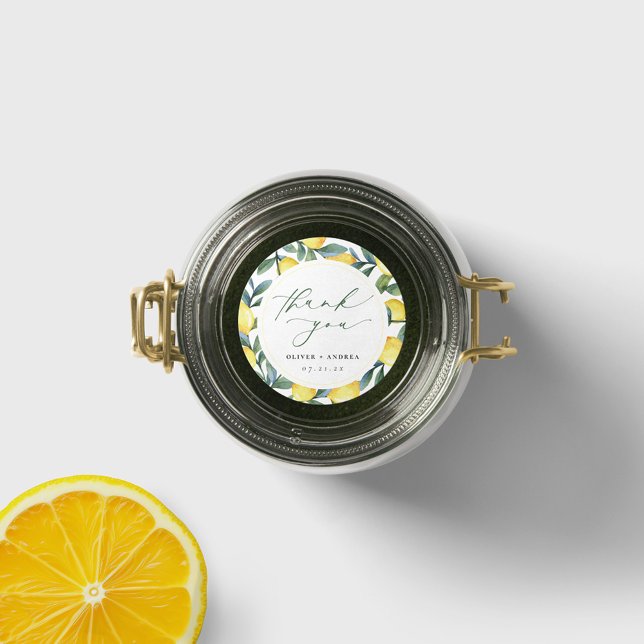 Rond Sticker Merci Botanique Citron Favor (Lemon Botanical Wedding Favor thank you sticker. Round design with watercolor lemon border.
)