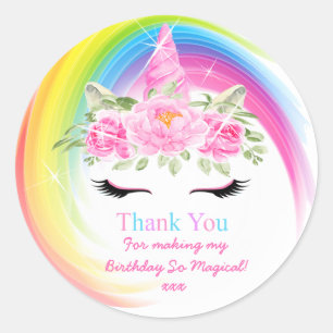 Rond Sticker Merci d'anniversaire de la licorne