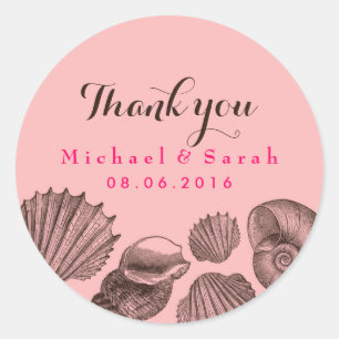 Rond Sticker Merci de mariage rose Seashells Beach