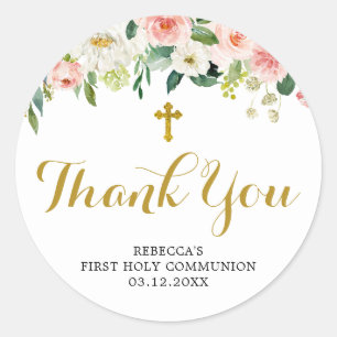 Rond Sticker Merci de première communion rose floral fi