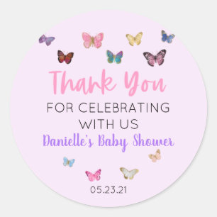 Rond Sticker Merci Papillon rose Favoriser Baby shower