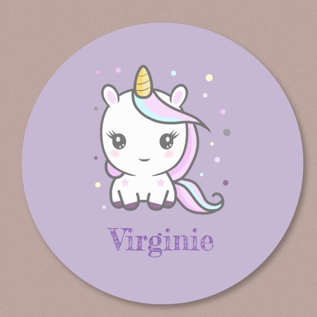 Rond Sticker mignon Unicorn violet (Cute Unicorn Purple Sticker)