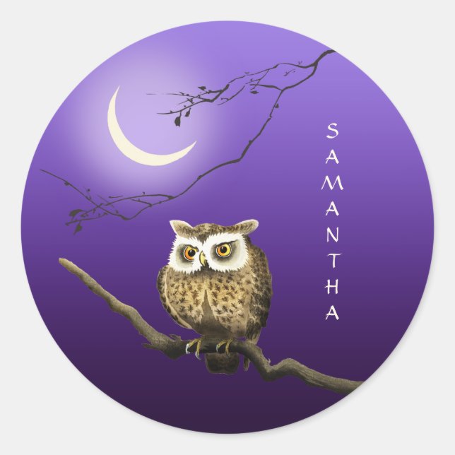 Rond Sticker Monogram Owl Night Moonlight Bleu foncé (Devant)