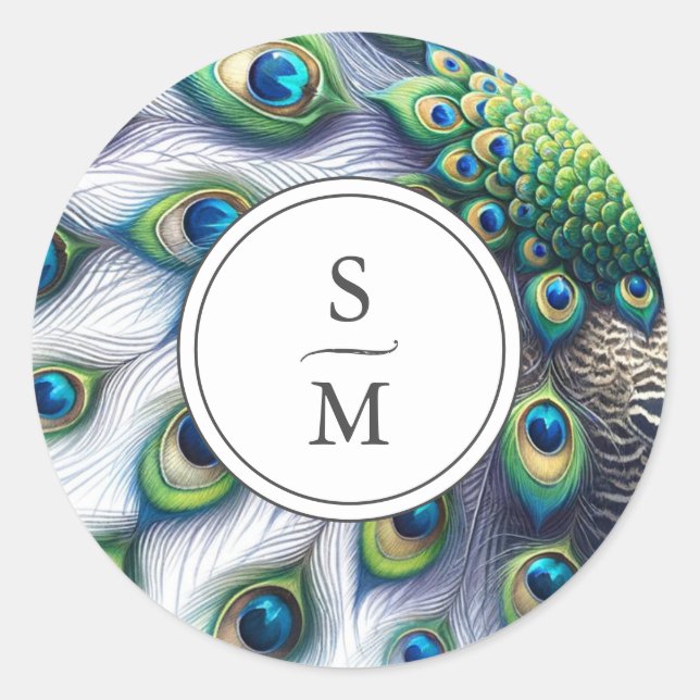Rond Sticker Monogrammé Aquarelle Peacock Feathers (Devant)