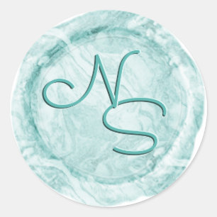 Rond Sticker Monogramme de cire Aqua Turquoise marbré m