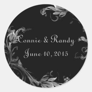 Rond Sticker Monogramme Mariage damassé noir et blanc