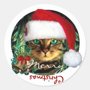 Rond Sticker père Noël Cat Joyeux Noël