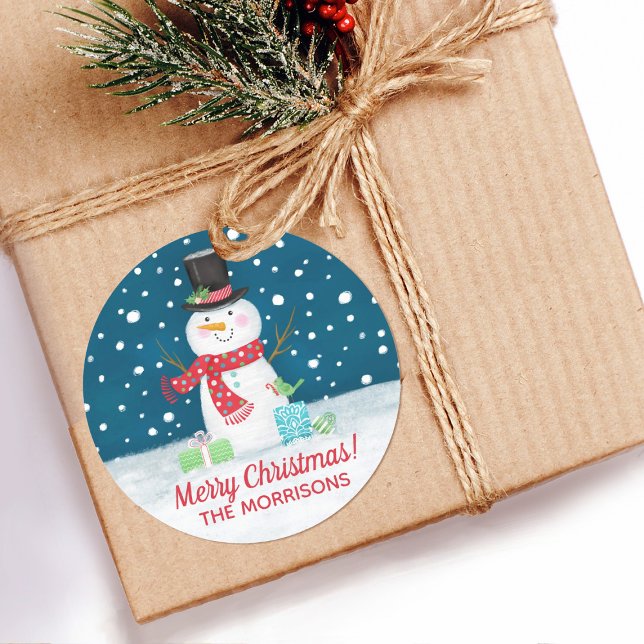 Rond Sticker personnalisé Noël Snowman (A cute Christmas snowman sticker for decorating your holiday gift  packages)