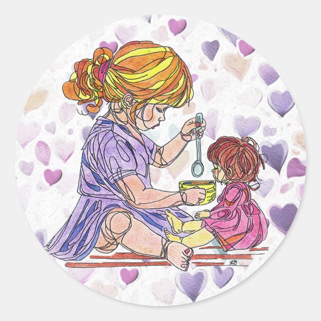 Rond Sticker Petite fille et poupée bébé (Devant)