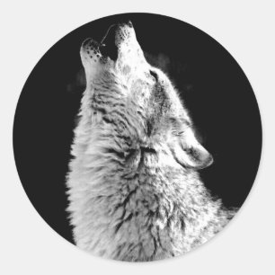 Rond Sticker photo Black White Wolf Howling Moon