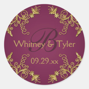 Rond Sticker Plum Wine and Gold Floral Damask 1,5"
