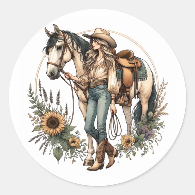 Rond Sticker pour cheval et fille avec tournesol (Devant)