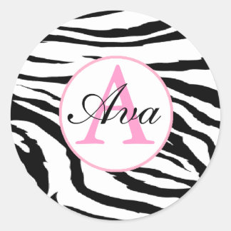 Rond Sticker pour nom de monogramme rose Zebra et Candy