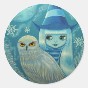 Rond Sticker pour sorcière à hibou neigeux