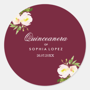 Rond Sticker Quinceanera Floral Élégant de Bourgogne