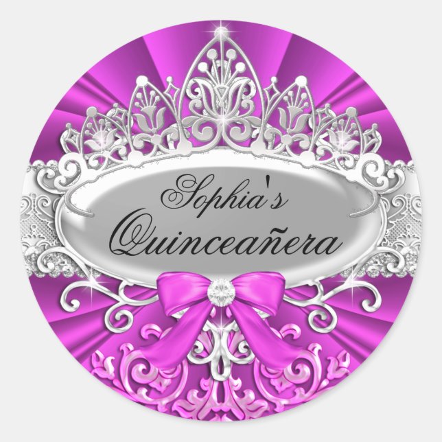 Rond Sticker Quinceanera Rose Tiara & Damask (Devant)