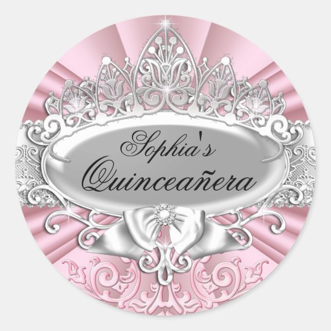 Rond Sticker Quinceanera Rose Tiara & Damask (Devant)