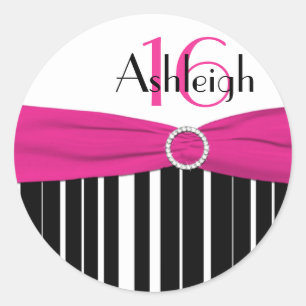 Rond Sticker rose, noir, blanc rayé 16e anniversaire
