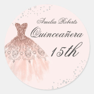 Rond Sticker Rose Robe étincelante or Quinceanera
