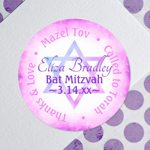Rond Sticker rose violet étoile Bat mitzvah Parti Favor