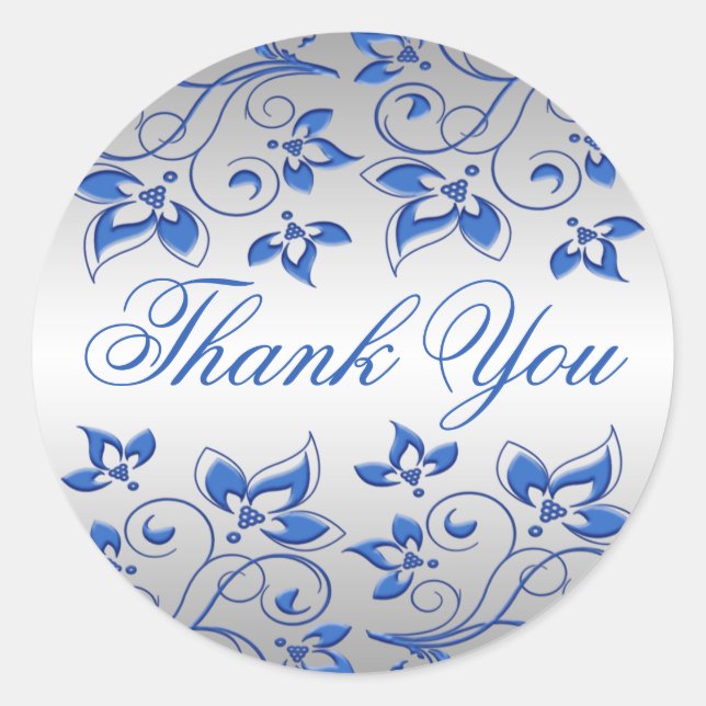 Rond Sticker Royal Blue Floral et Silver Merci (Devant)