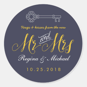 Rond Sticker Rustic Key Script Mr et Mme Wedding Favor