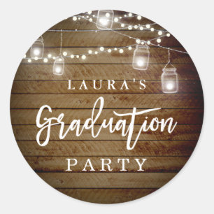 Rond Sticker Rustic Wood String Lights Graduation Party