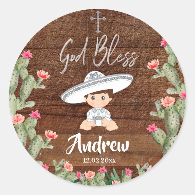 Rond Sticker Rustique Mexicain Silver Charro Baptism (Devant)
