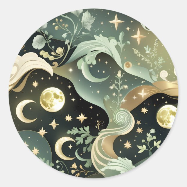 Rond Sticker - Sage Green Celestial Moon Lunar Design  (Devant)